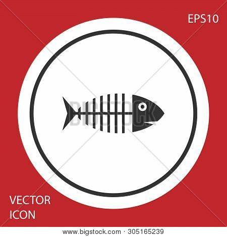 Grey Fish Skeleton Icon Isolated On Red Background. Fish Bone Sign. White Circle Button. Vector Illu