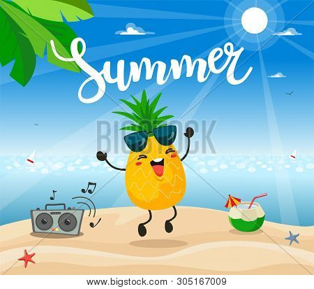Summer Poster Design With Vector Pineapple Character.