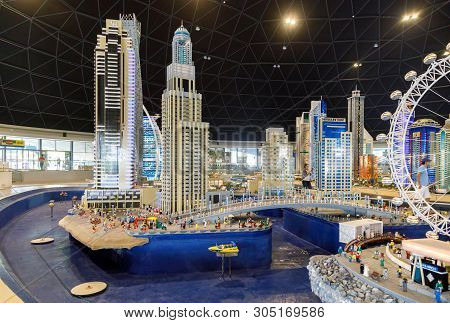 Dubai, Uae, January 09, 2019: Miniatures Of High-rise Buildings Standing On  Coastline Of Sea  Close