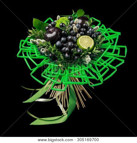 Unique Gift Handmade In The Form Of Bouquet Of Flowers And Fruits Decorated With Many Green Straws F