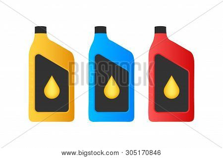 Engine Oil Plastic Bottle Package Mockup On White Background. Vector Stock Illustrtaion.
