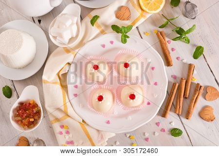 Sicilian Ricotta Cake (cassata) On White Dish.