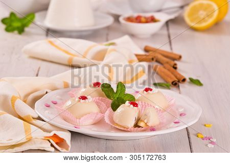Sicilian Ricotta Cake (cassata) On White Dish.