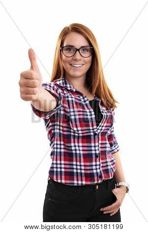Portrait Of A Smiling Young Beautiful Woman In A Plaid Shirt Giving Approval With Thumbs Up, Isolate