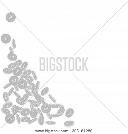 British Pound Coins Falling. Scattered Black And White Gbp Small Coins. Jackpot Or Success Concept. 