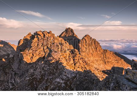 Mountains Landscape With Inversion In The Valley At Sunset As Seen From Rysy Peak In High Tatras, Sl