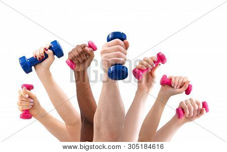 Man And Woman's Hand Holding Dumbbells