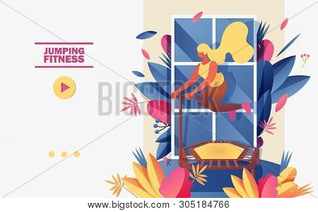 Vector Concept Sport Banner Or Landing Page Template With Young Woman Rebounce On Trampoline. Flat C