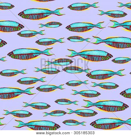 Hand drawn seamless pattern in watercolor sea world natural element. Fish on gray background