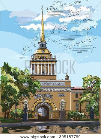 Cityscape Of Admiralty Building, Saint Petersburg, Russia. Front View Of Old Admiralty Building From