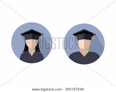 Icons Of Students A Boy And A Girl In A Graduate Cap, Color Image In A Circle, Sign, Logo, Isolated 