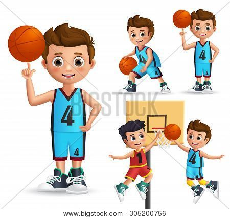 Kids Character Playing Basketball Vector Set. Young School Boy Wearing Basketball Uniform Doing Diff