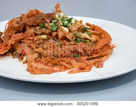 Oyster Omelette Or Crisp Fried Mussel Pancakes. Dilicious  Of Thai Food.