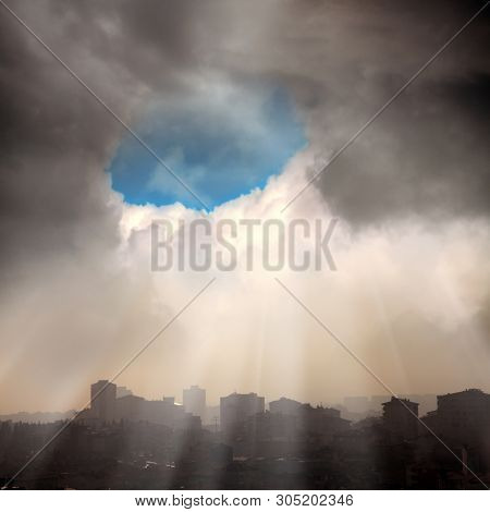 elevated view of cityscape view of residential buildings in fogy morning over stormy sky in Istanbul, Turkey
