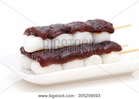 Japanese Traditional Confectionery Kushi Anko Dango On White Background