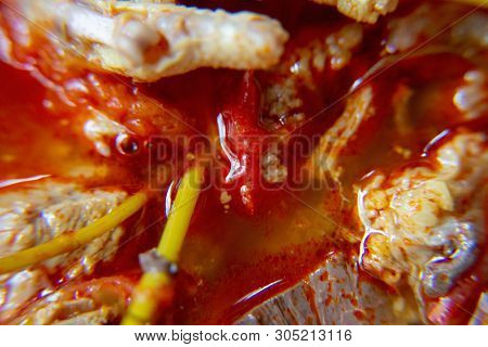 Macro, Red Spicy Chicken Paw Sauce With Chicken Blood Cube. The Local Food Of Northern's Thailand, C