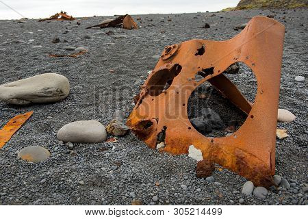 Rusty Ship Wreck Remains On Dritvik Beach, Iceland