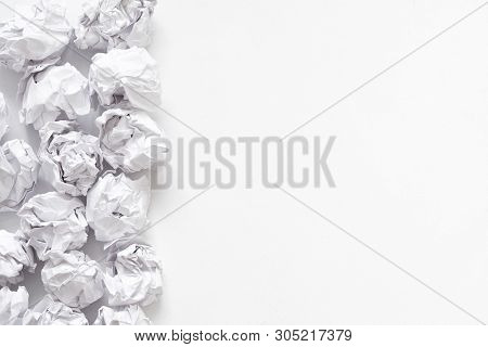 Forest Protection. Flat Lay Of Crumpled Paper Ball Pile On White Surface. Abstract Background. Copy 