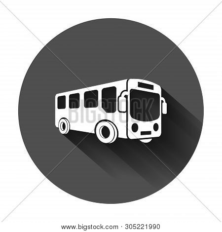School Bus Icon In Flat Style. Autobus Vector Illustration On Black Round Background With Long Shado