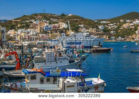 Ponza, Italy - September 16, 2018: View Of Little Harbor Of Ponza Island In Lazio In The Summer Seas