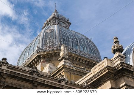 Bucharest, Romania - March 16, 2019: Close Up Detail Of Dome Of The Building Of 