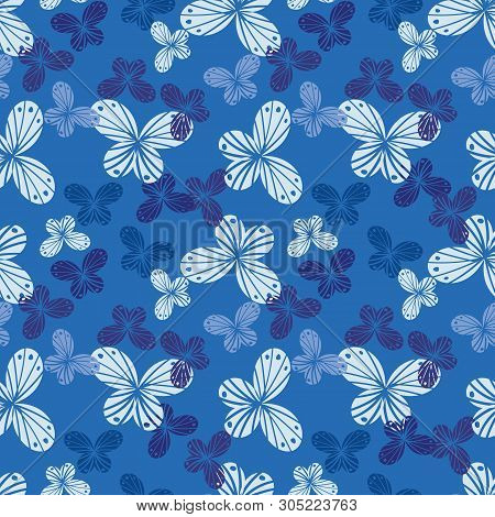 Seamless Vector Pattern With Blue Butterflies Background. Surface Print Design.
