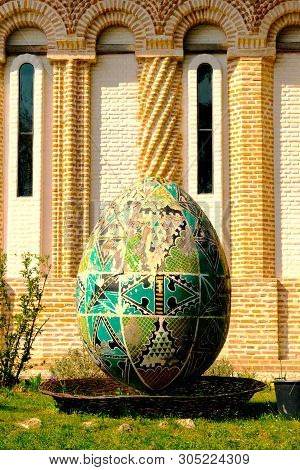 Snagov, Romania - March 30, 2019: Big Giant Mosaic Easter Egg Found In The Courtyard Of Snagov Monas