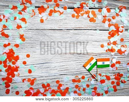 India Independence Day 15 August, Two Mini India Flags With Confetti Three Colors Green Orange And W