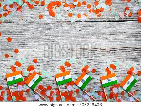 India Independence Day 15 August, India Mini Flags With Confetti Three Colors Green Orange And White
