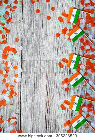 India Independence Day 15 August, Many Mini India Flags With Confetti Three Colors Green Orange And 