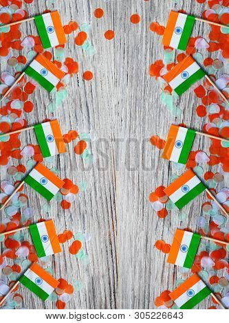 India Independence Day 15 August, Many Mini India Flags With Confetti Three Colors Green Orange And 