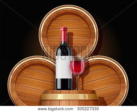Wooden Barrel And Bottle. Vessel For Keeping Wine, Beer And Beverage. Equipment For Pub And Wine Cel