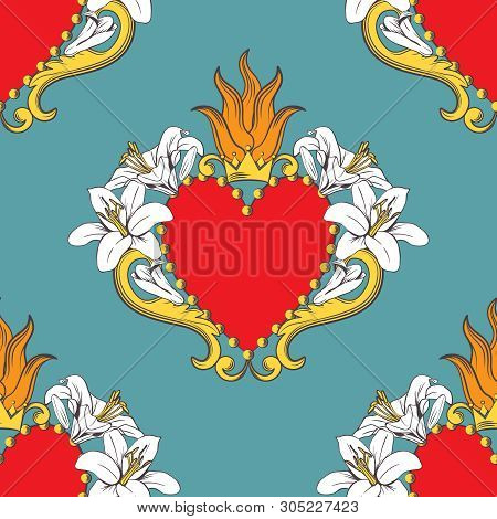 Seamless Damask Pattern With Beautiful Ornamental Red Hearts With Lilies, Flame, Crown. Vector Illus