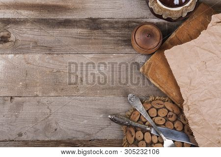 Wooden Kitchen Equipment On A Dark Wooden Background. View From Above