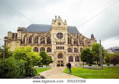 Classic Facade Church Of St Eustache On Spring Day, Paris, France