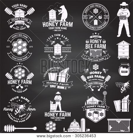 Set Of Honey Bee Farm Badge. Vector On The Chalkboard. Concept For Shirt, Print, Stamp Or Tee. Vinta