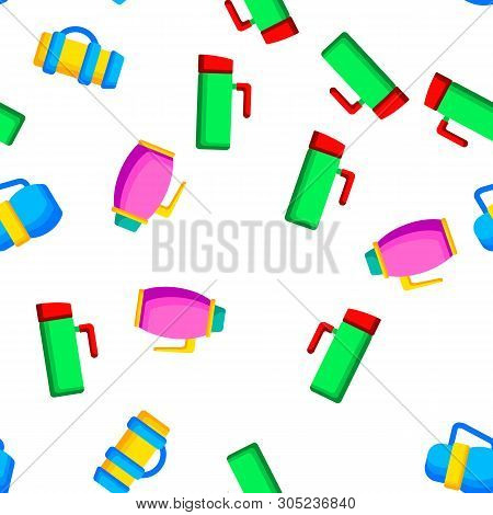 Vacuum Flasks And Bottles Color Icons Seamless Pattern. Eco Flasks, Takeaway Hot Drink Linear Symbol