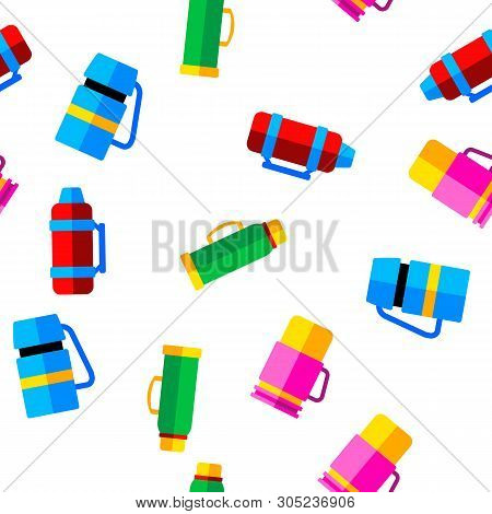 Vacuum Flasks And Bottles Color Icons Seamless Pattern. Eco Flasks, Takeaway Hot Drink Linear Symbol
