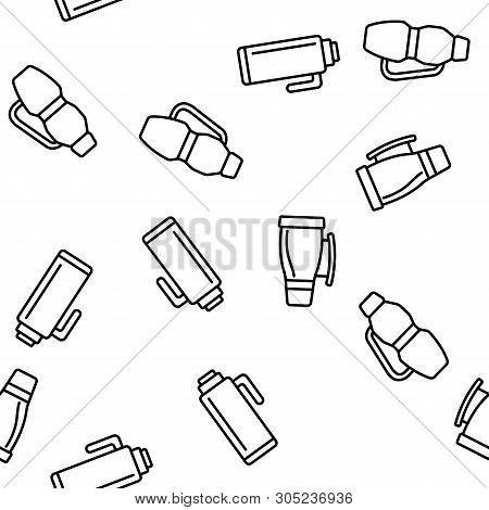 Vacuum Flasks And Bottles Color Icons Seamless Pattern. Eco Flasks, Takeaway Hot Drink Linear Symbol