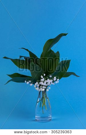 Lily Of The Valley In Vase On A Blue Background. Art Minimalism Concept. Holiday Of Lilies Of The Va