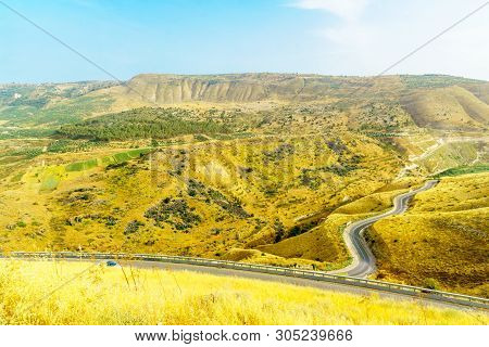 Landscape Of The Golan Heights, Winding Road 98, And The Yarmouk River Valley, Near The Border Betwe