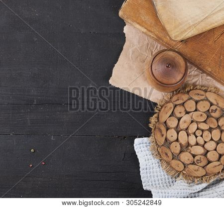 Wooden Kitchen Equipment On A Dark Wooden Background. View From Above