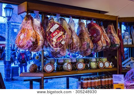 Munich, Germany - November 23, 2018 :counters And Showcases Of Butcher Shops At The Viktualienmarkt 
