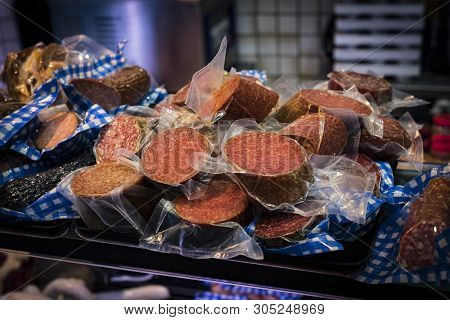 Munich, Germany - November 23, 2018 :counters And Showcases Of Butcher Shops At The Viktualienmarkt 
