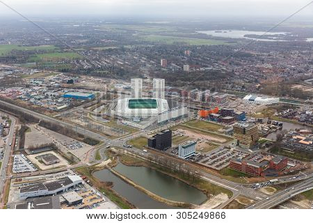 Aerial View City Of Goningen With Industrial Area And Soccer Stadion, The Netherlands