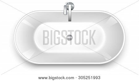 Bathtub In The Shape Of A Bowl. Top Wiew. Mixers Of Water Taps. Realistic Style Isolated On White Ba