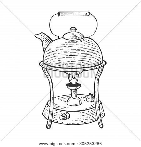 Old Kettle On Primus Stove Sketch Engraving Vector Illustration. Scratch Board Style Imitation. Hand