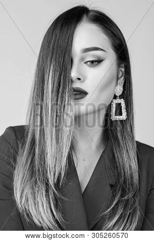 Impeccable Makeup And Perfect Jewelry. Woman Wear Glamorous Earrings. Fashion Trend. Jewelry Shop. G
