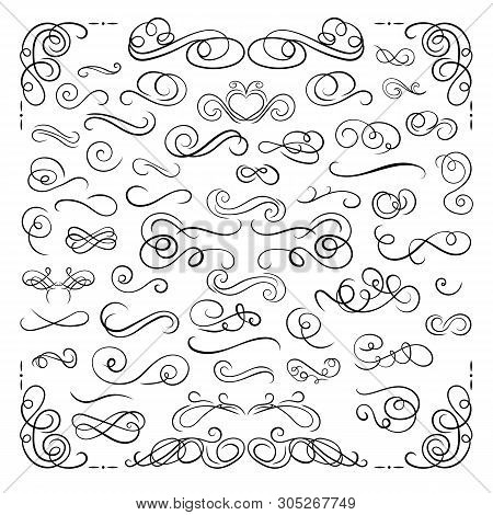 Vector Hand Drawn Decorative Swirls And Curcles, Black Clligraphic Design Elements Set Isolated On W