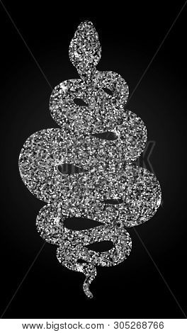 Coiled Snake Silver Glitter Illustration. Tribal Serpent Isolated Over Black Background. Vector Rept